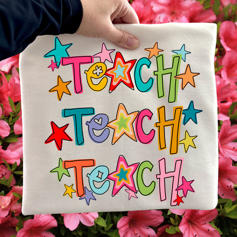 Colorful TEACH Graphic T-Shirt β Teacher Shirt, Cute Teacher Tee, Back to School Shirt, Bella Canvas Natural Tee, Gift for Teachers
