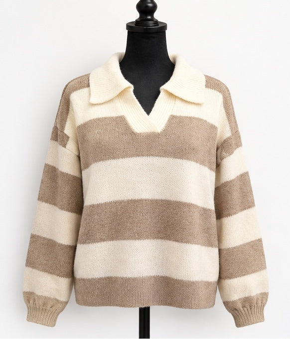 Cozy Charm Tan & Cream Striped Collared Sweater
