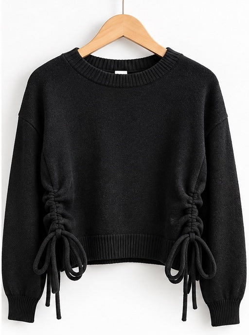 Women's Side Ruched Drawstring Knit Sweater – Black & Latte