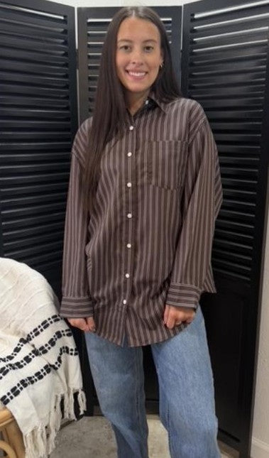 Everyday Chic Brown Striped Button-Down Shirt
