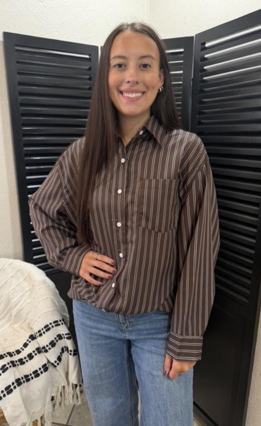 Everyday Chic Brown Striped Button-Down Shirt