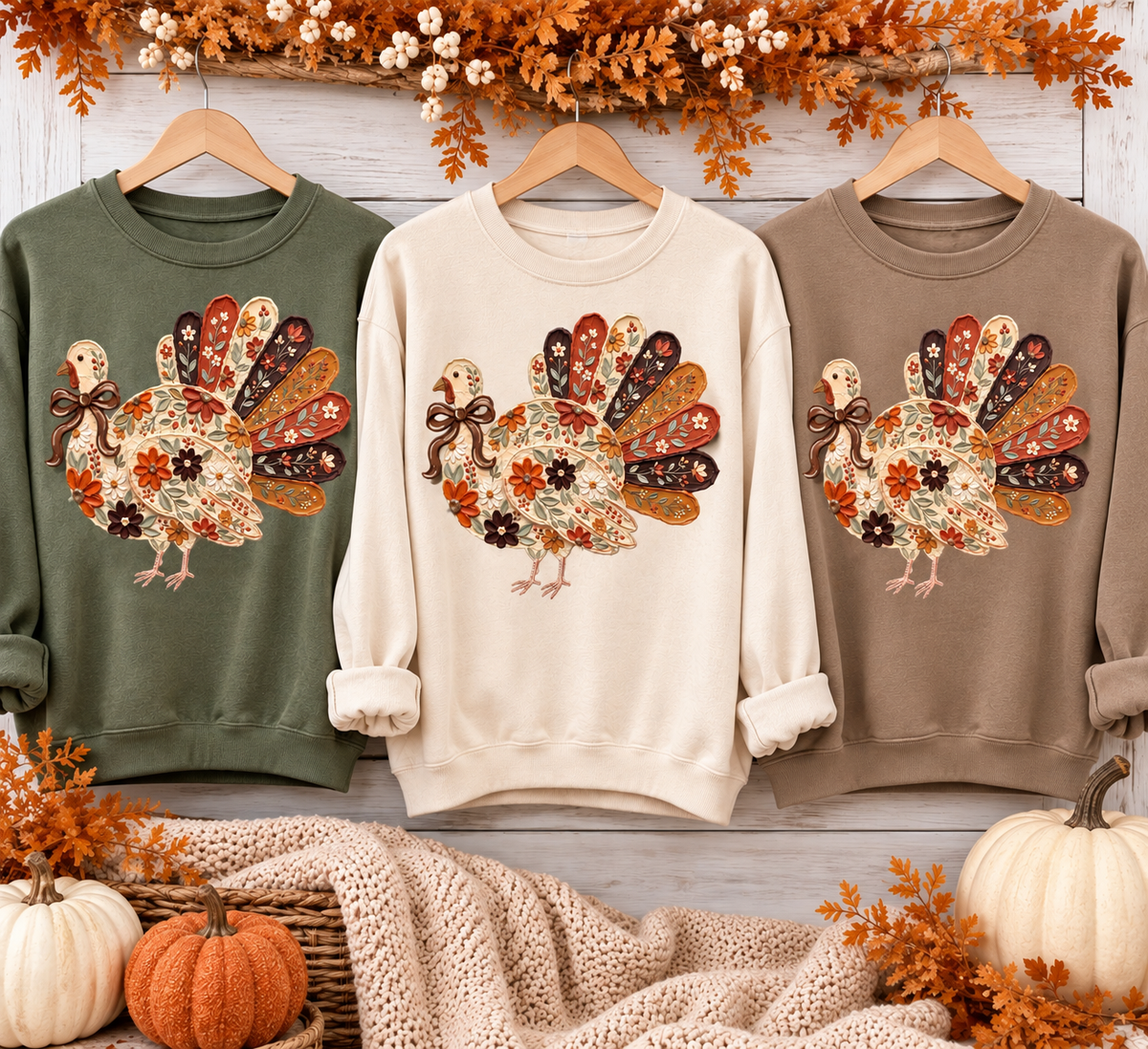 Floral Patchwork Turkey Graphic Sweatshirt | Fall & Thanksgiving