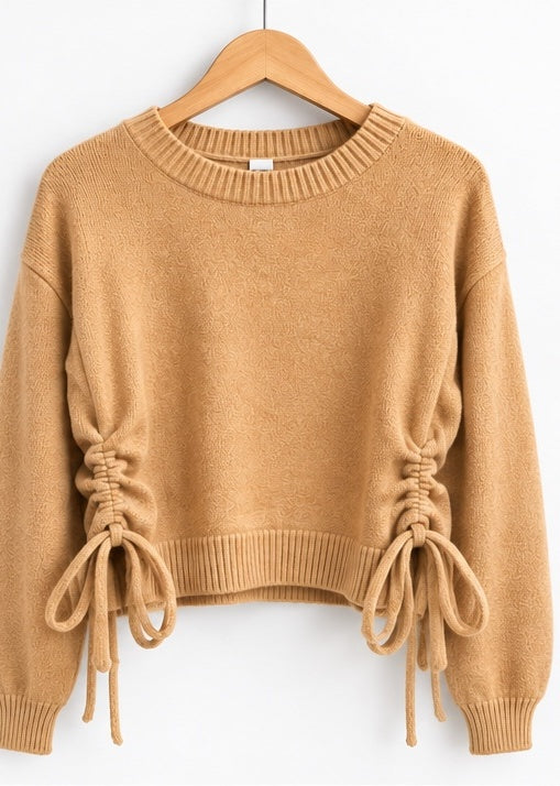 Women's Side Ruched Drawstring Knit Sweater – Black & Latte
