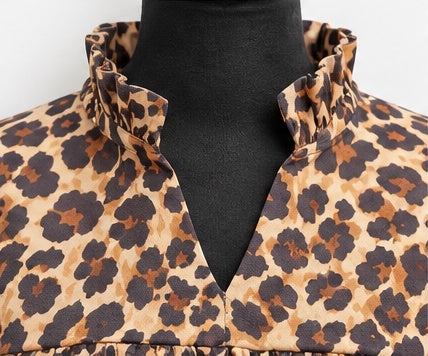 Leopard Print Ruffle Neck Babydoll Blouse