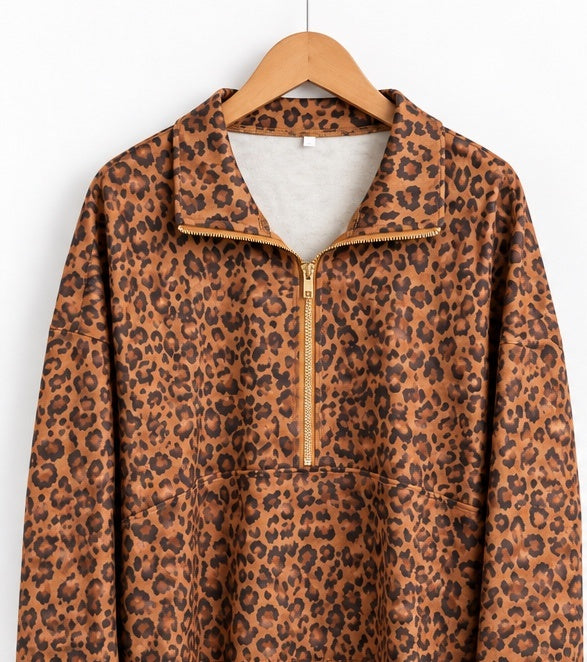 Leopard Print Quarter-Zip Pullover