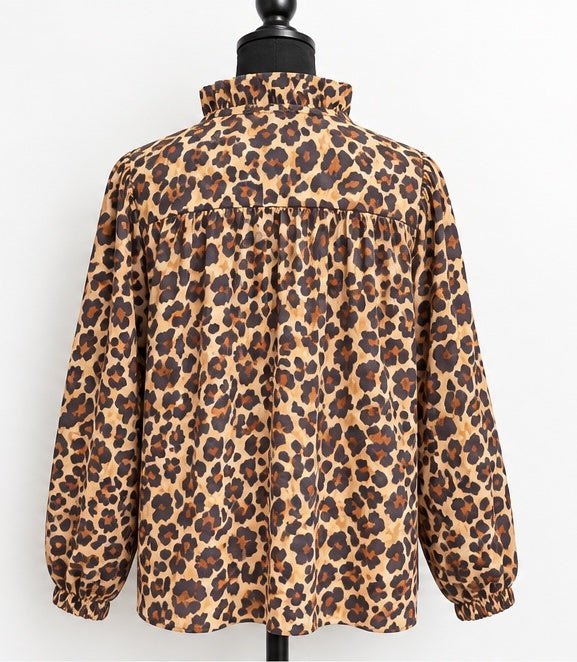 Leopard Print Ruffle Neck Babydoll Blouse
