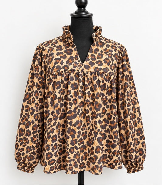 Leopard Print Ruffle Neck Babydoll Blouse