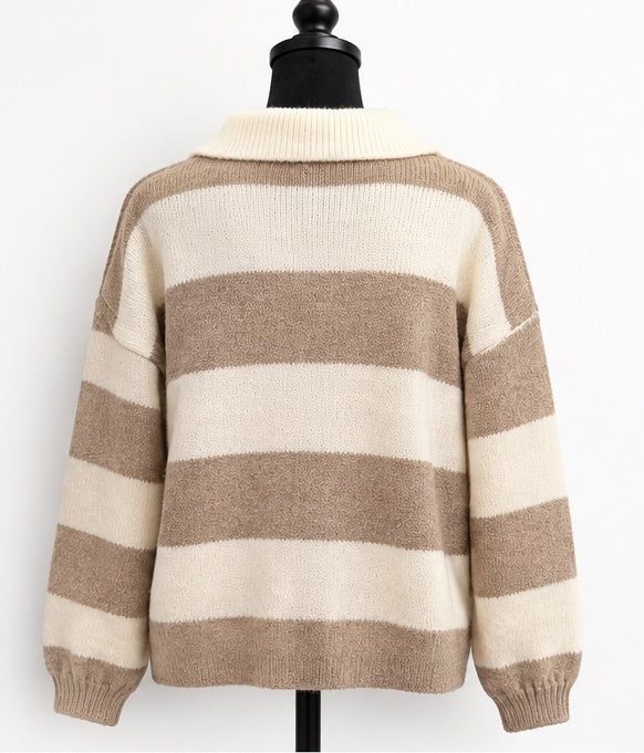Cozy Charm Tan & Cream Striped Collared Sweater