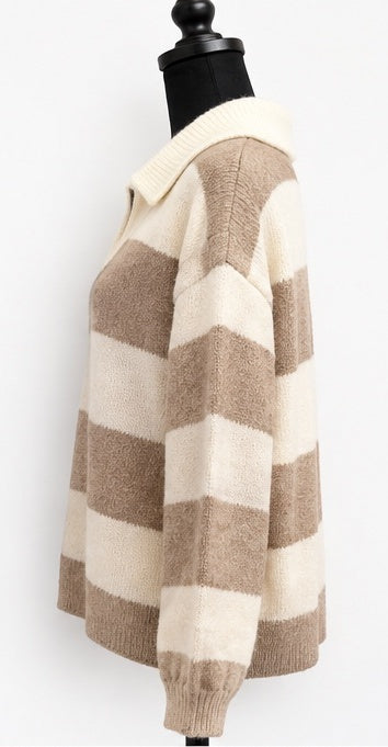 Cozy Charm Tan & Cream Striped Collared Sweater
