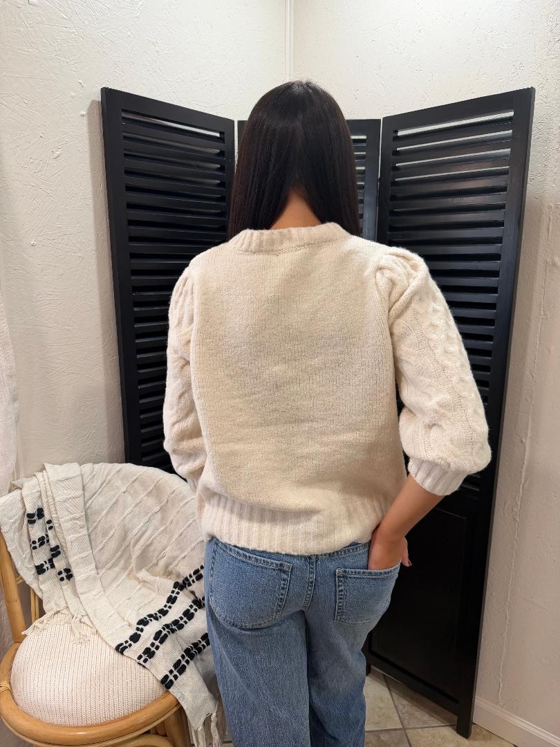 Ecru Elegance Puff Sleeve Cable Knit Sweater